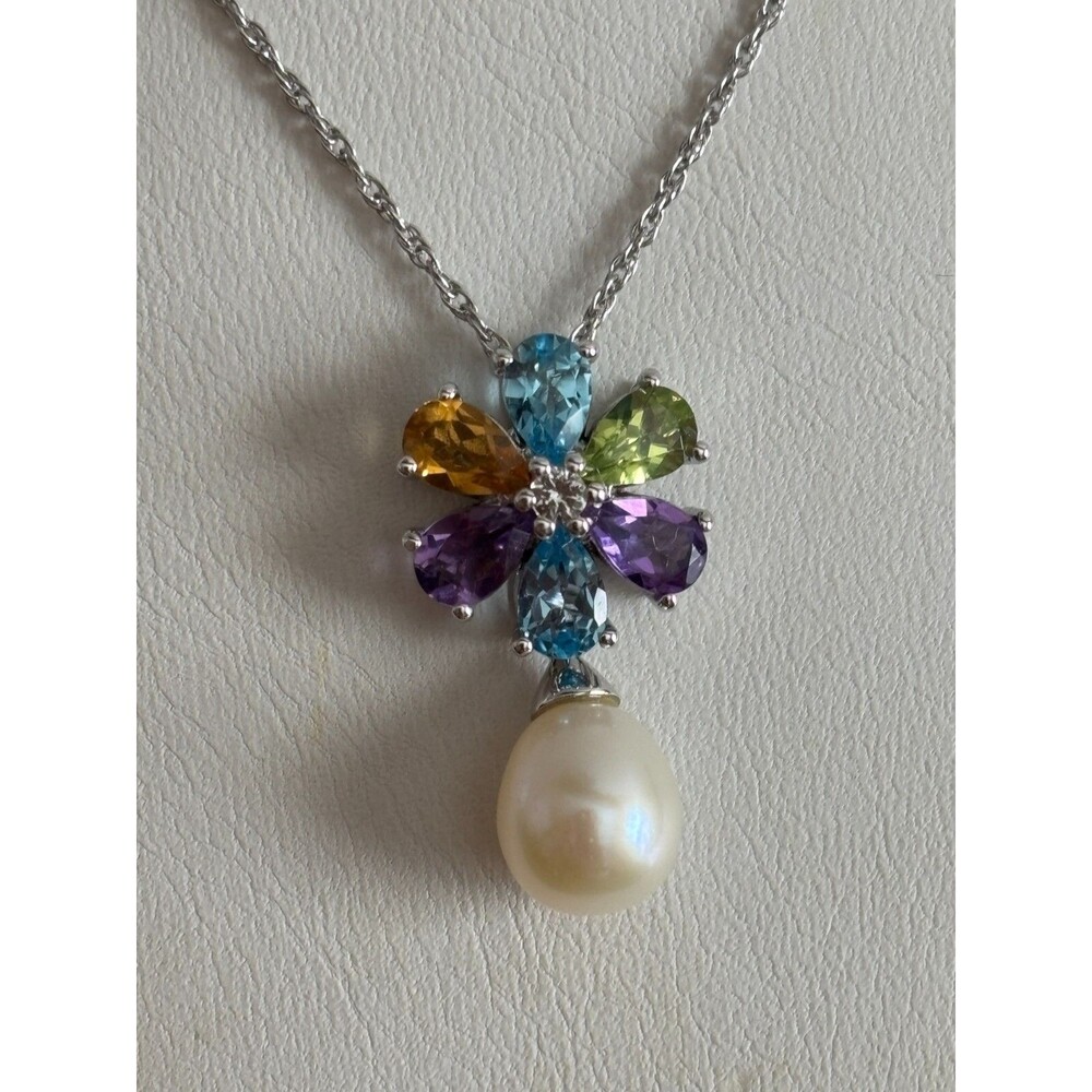 Multicolor Gemstones and Cultured Pearl Sterling Silver 925 RL Necklace